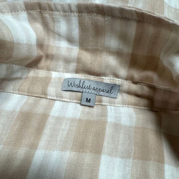 Wishlist Womens Tan/Cream Gingham Check Button Up Pleated Sleeve Top Size M NEW - Picture 5 of 7